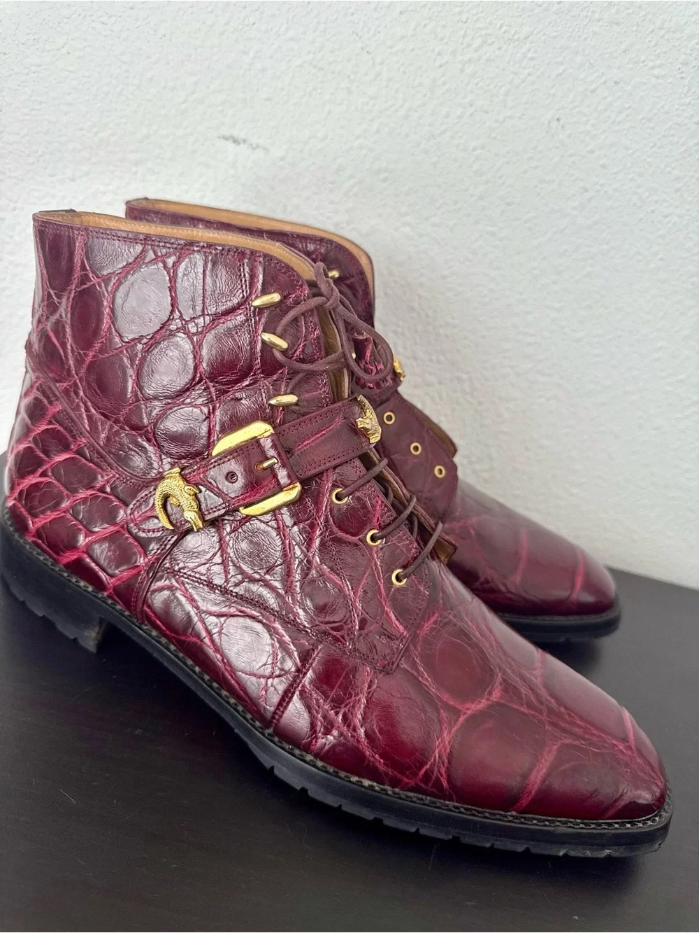 Mauri Luxury Combat Dress Ankle Boots Exotic Leather Genuine Alligator Burgundy